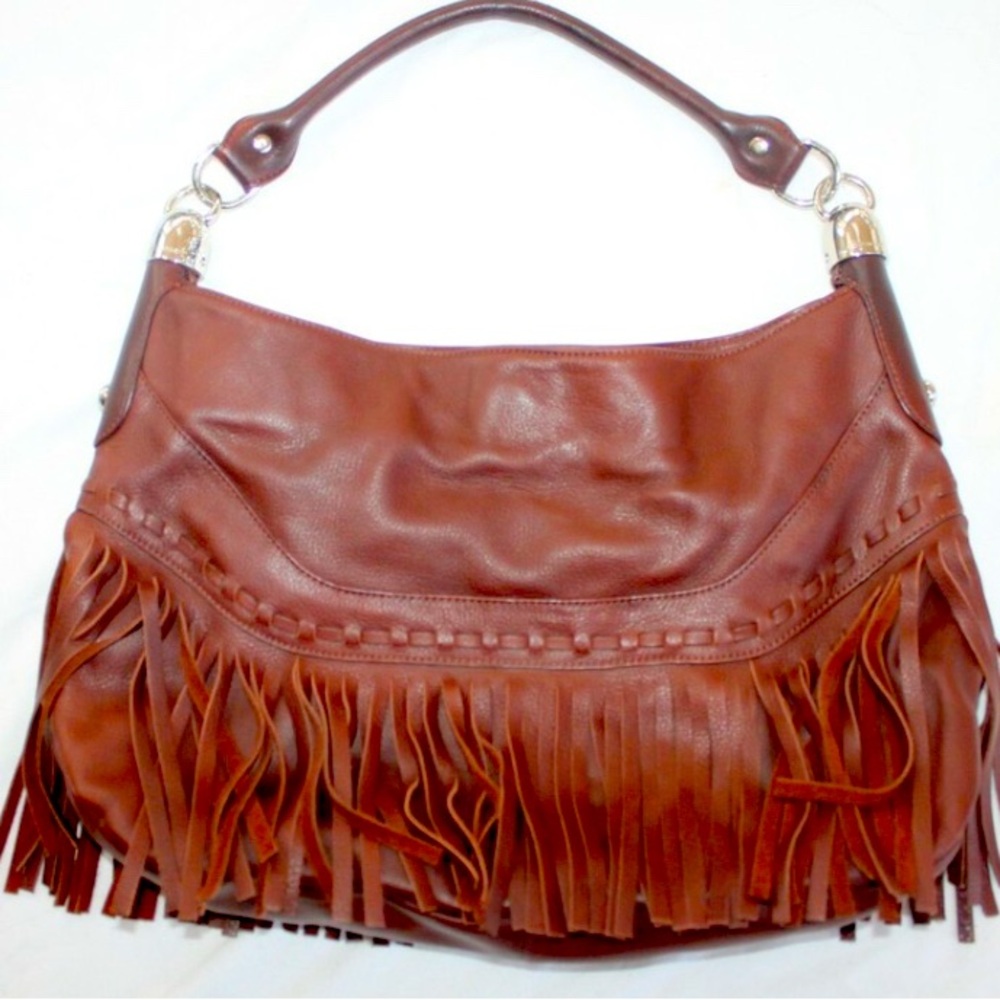 B. Makowsky Rich Brown Leather Fringe Shoulder Bag